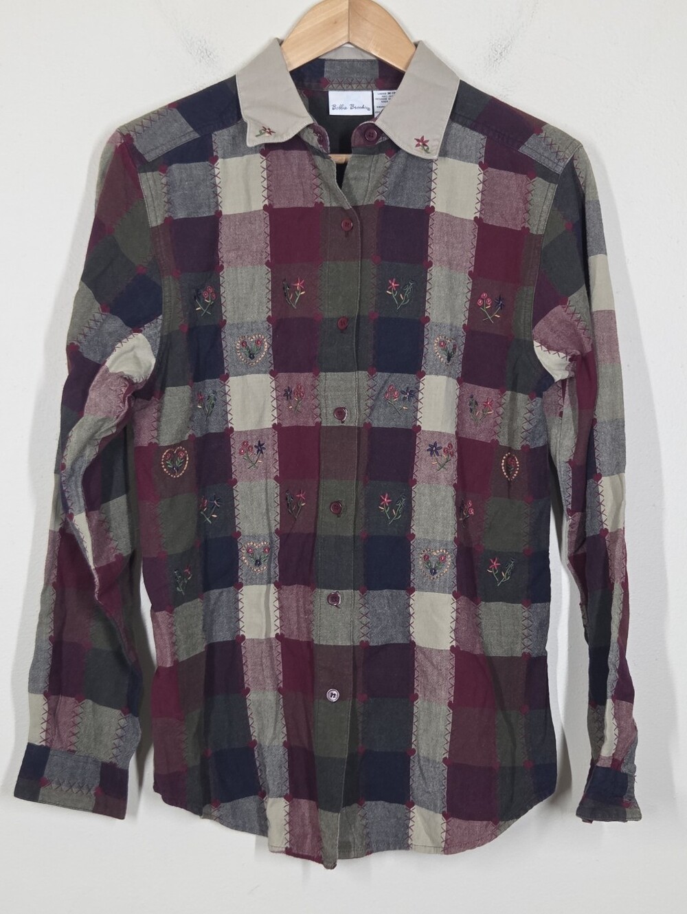 Vtg 90s Y2K Plaid Floral Heart Embroidered Button Up M Cottagecore Granny Cabin